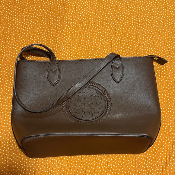 Handbags - Women's Chocolate Brown Leather Look Tote with Embossed Medallion